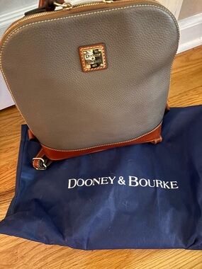 Dooney & Bourke Gray Pebbled Leather Logo Patch Backpack with Brown Trim